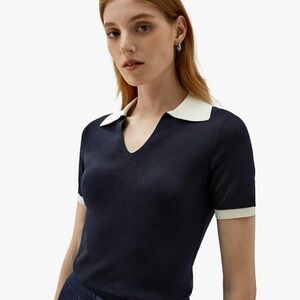 Navy Blue Collared Silk Knit Top